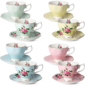 BTaT- Floral Tea Cups and Saucers Set of 8 (8 oz), Porcelain Tea Cup Sets, Assorted Colors with Gold Trim & Gift Box, Dishwasher Safe (Multicolor)