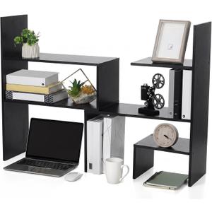 Briwooody Expandable Dorm Desk Hutch Adjustable Desktop Bookshelf,Black, 9.5 x 40 x 28 inch
