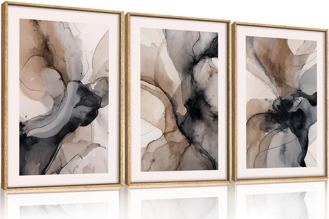 Large Abstract Neutral Framed Canvas Wall Art,Watercolor Black Ink Wall Decor,Modern Beige Brown Prints,Minimalist Line Artwork for Living Room,Bedroom,Dining Room,Office -24"x36"x3