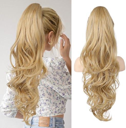 Flufymooz 26" Ponytail Extension, Long Wavy Curly Claw Clip in Ponytail Hair Extensions, Natural Synthetic Hairpiece for Women Daily Wear(Golden Blonde with Highlight)