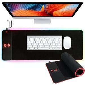 YUECHCASES 15W Wireless Charging RGB Gaming Mouse Pad, XXL Large Desk Mat (31.5" x 11.8" x 0.16") with 13 Light Modes, Compatible with iPhone 17/ 16/ 15/ 14/ 13/ 12/ 11, Samsung S23, and AirPods