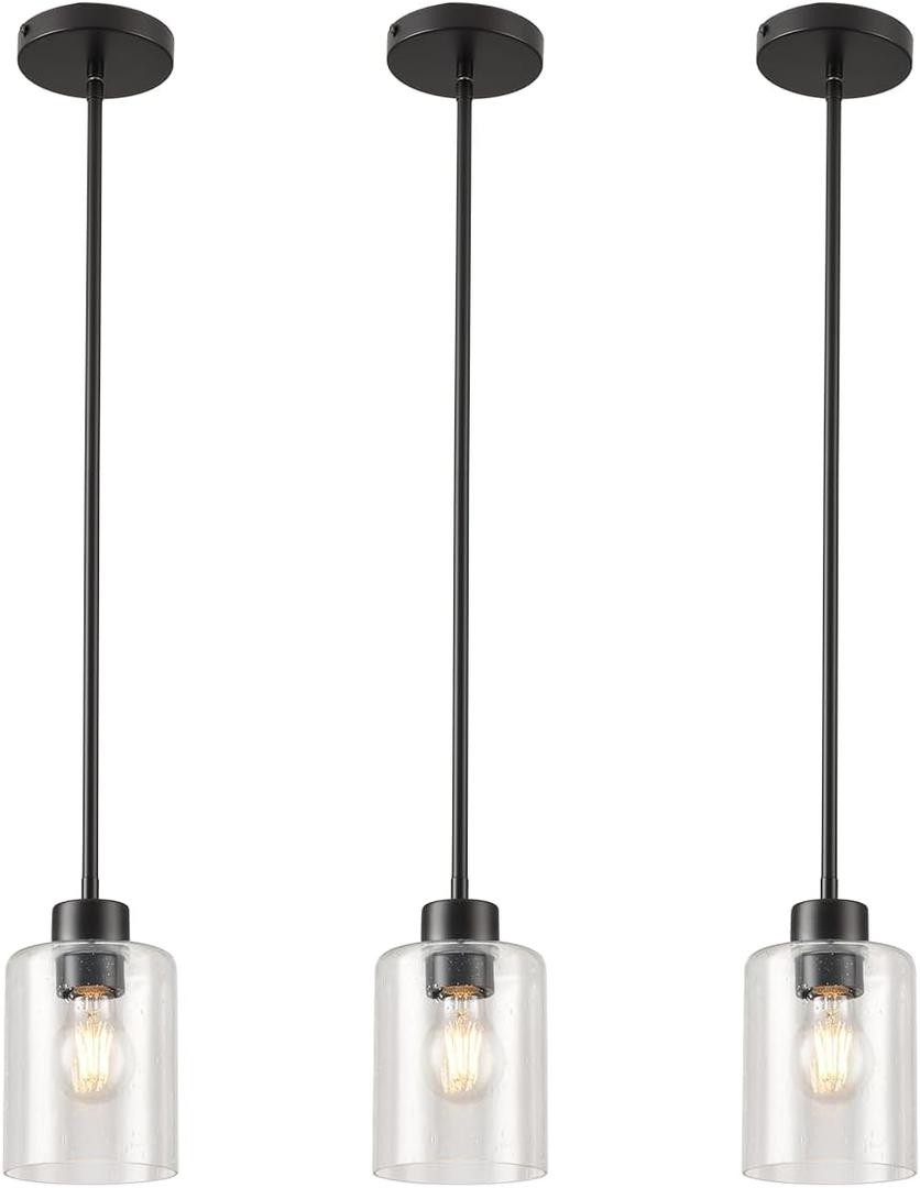KLSS Black Pendant Lights Kitchen Island - Seeded Glass Pendant Light Fixture Multiple Stems Rods (3 Pack with Rod seeded Glass)