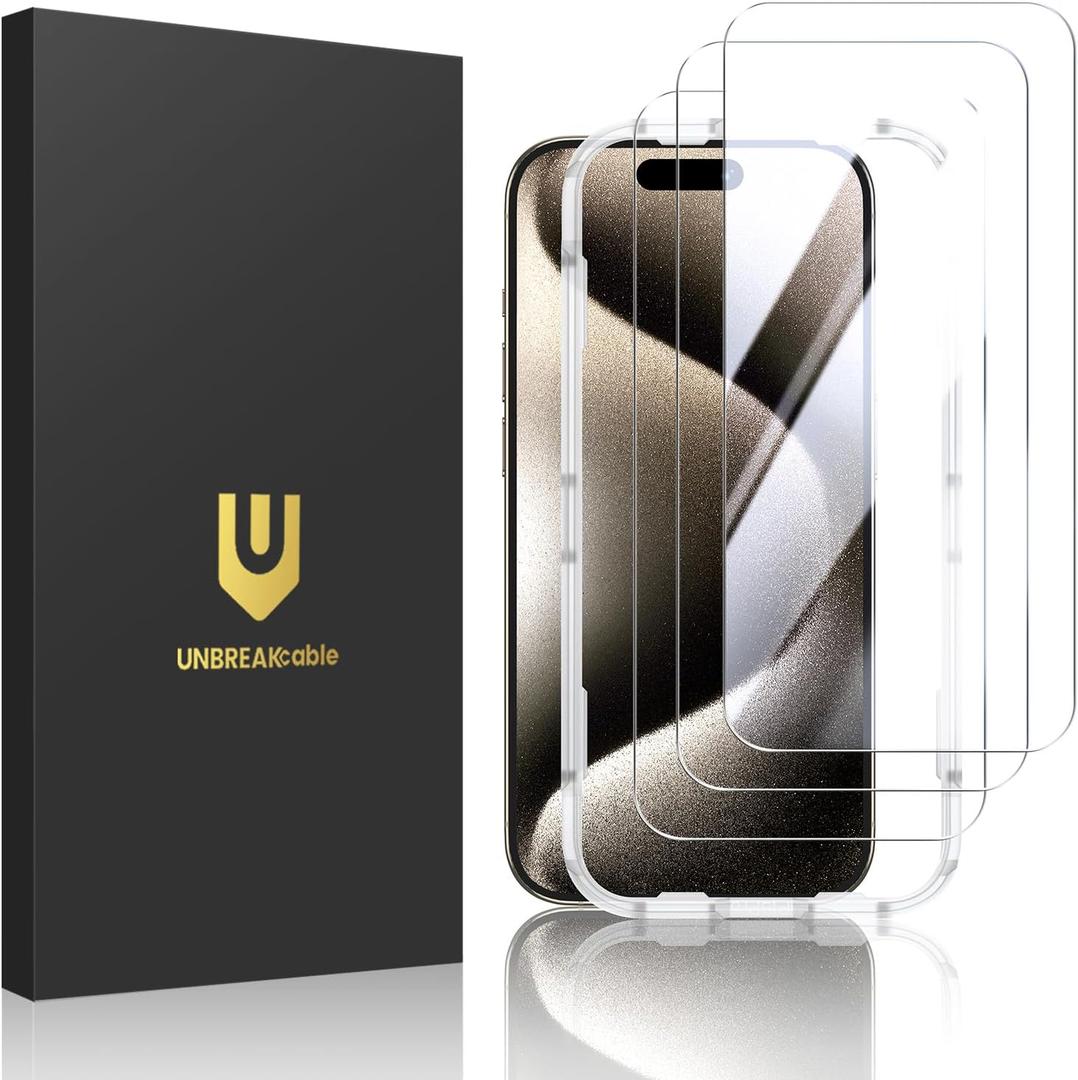 UNBREAKcable 3-Pack Screen Protector for iPhone 15 Pro, Double Shatterproof Tempered Glass [Easy Installation Frame] [9H Hardness] [99.99% HD Clear] [Case Friendly] for iPhone 6.1 inch