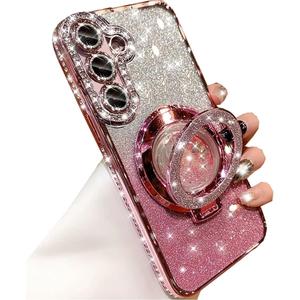 Changjia for Samsung Galaxy S25 Glitter Kickstand Case, Luxury Bling Sparkly Diamond Rhinestones with Camera Lens Protector Liquid Flowing Ring Stand TPU Bumper Women Girls Case for Galaxy S25 (Pink)