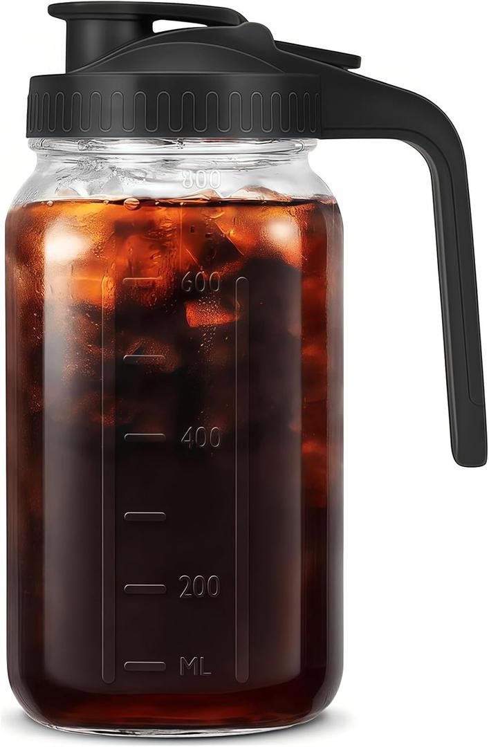 32oz Glass Pitcher with Handle and Lid, 1 Quart Mason Jar Pitcher - Airtight & Leakproof Water Jug with Pour Spout Lid, Glass Containers for Fridge, Perfect for Juice, Cold Brew, Iced & Sun Tea (Black)