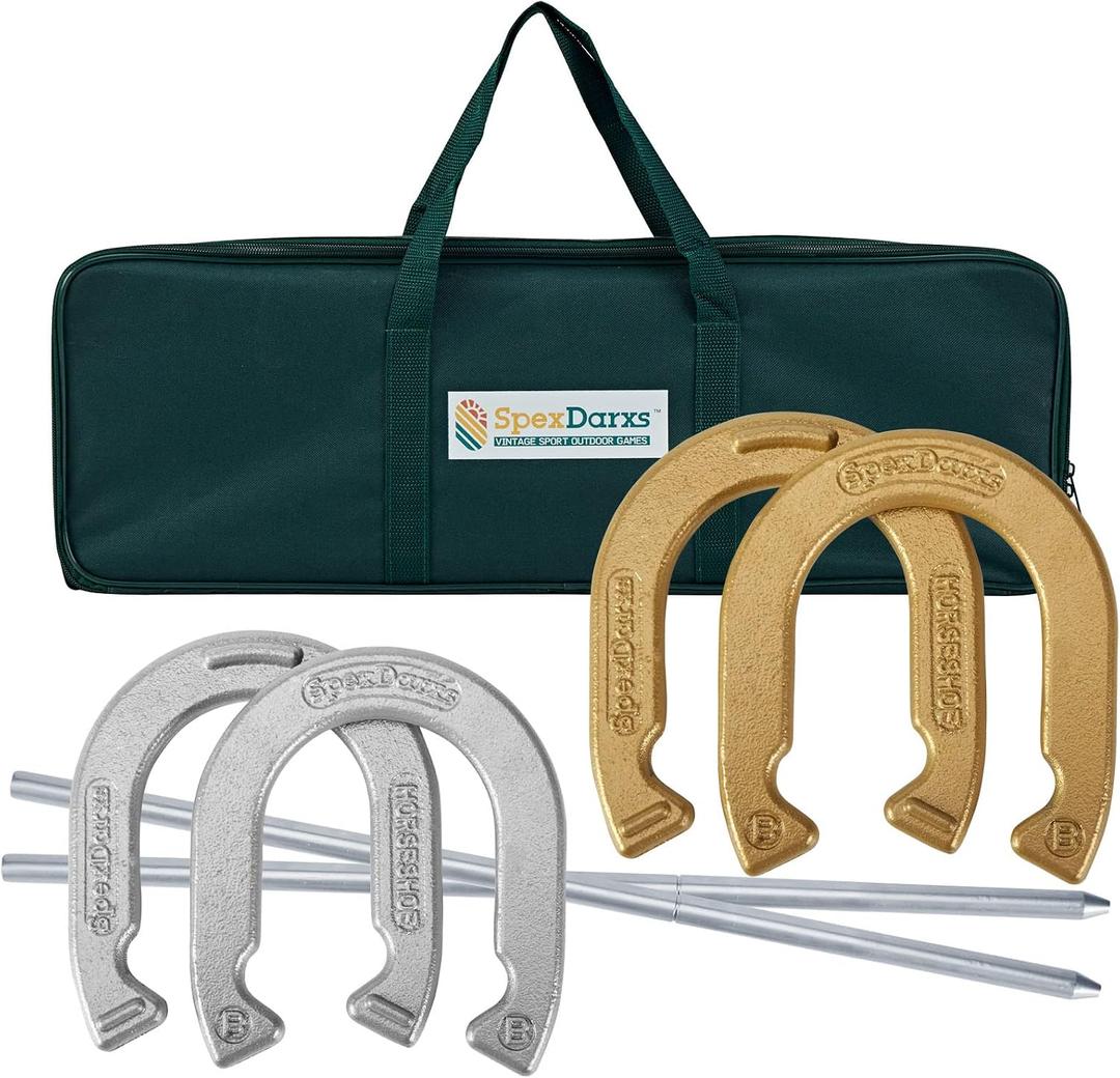 SpexDarxs Horseshoes Set, Lawn Horseshoe Outside Game Kit for Teens Adults Families - Includes 4 Horse Shoes, 2 Stakes and Carrying Case, Medium