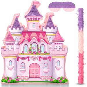 Princess Castle Piata Bundle Girl Princess Party Piata Set Include Pink Castle Piata stick and Blindfold Mask for Princess Theme Birthday Party Supplies Decor, 16.1 x 13.4 x 3.2 Inch