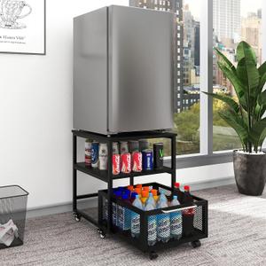 PUNCIA 19.7"x19.7" Mini Fridge Stand 3-Tier Beverage Fridge Table, Black220-LB Capacity Beverage Refrigerator Table, Heavy Duty Rolling Organizer with Drawers for Dorm Apartment Office Bedroom