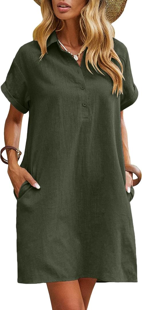 Zeagoo Womens Cotton Shirt Dress Summer Casual Short Sleeve Button Down Beach Cover Up Shirts with Pockets (Medium, Army Green)