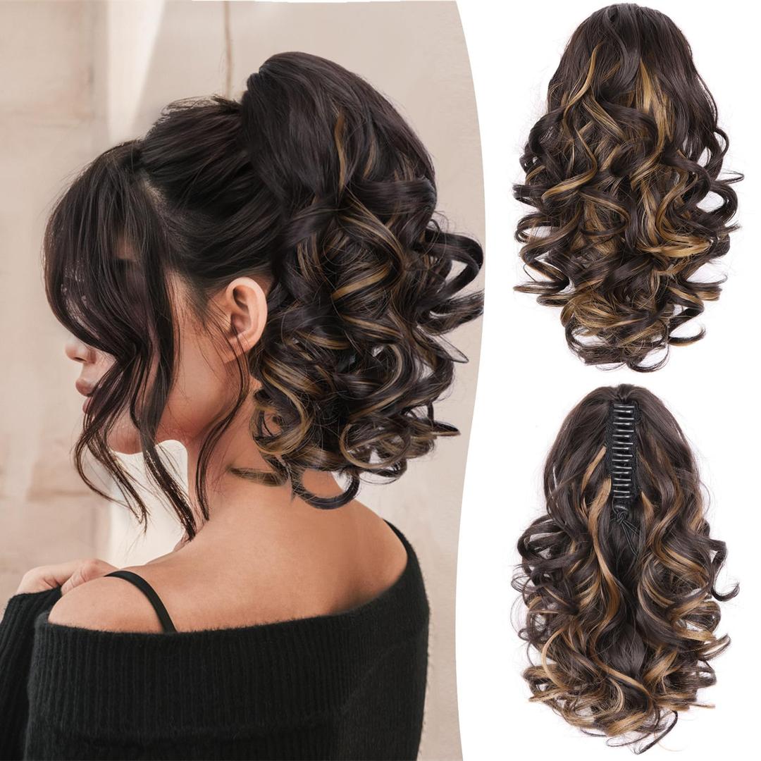 12 Inch Ponytail Extension - Soft Wavy Pony Tails Hair Extensions, Claw Clip Ponytail Extension, Synthetic Hair Extensions Ponytail, Clip in Ponytail (Color: Dark Brown with Honey Blonde Highlights)