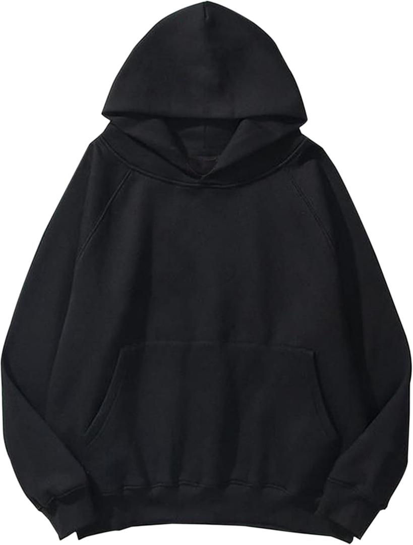 Lauweion Women Solid Basic Fleece Letter Loose Hoodie Sweatshirt Long Sleeve Kangaroo Pocket Drop Shoulder Pullovers Top (Medium, Black)