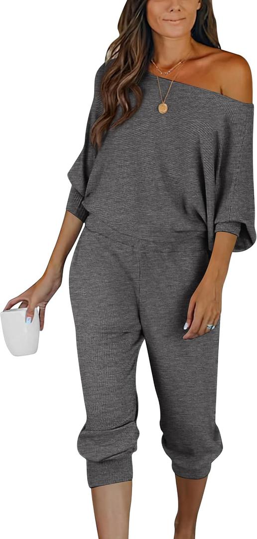 PRETTYGARDEN Two Piece Sets for Women 2026 Casual Ribbed Knit Off Shoulder Tops Lounge Pants Fall Tracksuits Winter Clothes