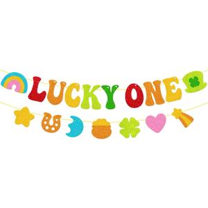 Lucky One Banner with Shamrocks, Pre-Strung St. Patricks Day Decorations - Good Luck Backdrop for 1st Birthday Party & Irish Baby Shower Decorations, Colorful Irish Party Wall Hanging