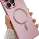 Magnetic for iPhone 15 Pro Max Phone Case for Women, Matte Luxury Soft Metallic Luster Design with Camera Lens Protector, Compatible with Magsafe Case for iPhone 15 Pro Max 6.7"-Pink