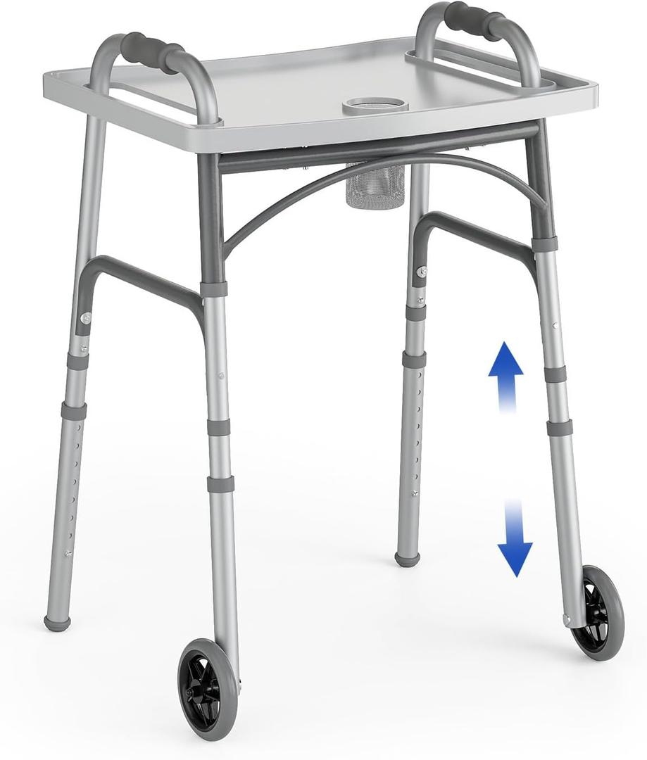 Loyoda Front Wheel Folding Walker with Removable Tray - Adjustable Aluminum Walkers for Seniors, 350lb Capacity