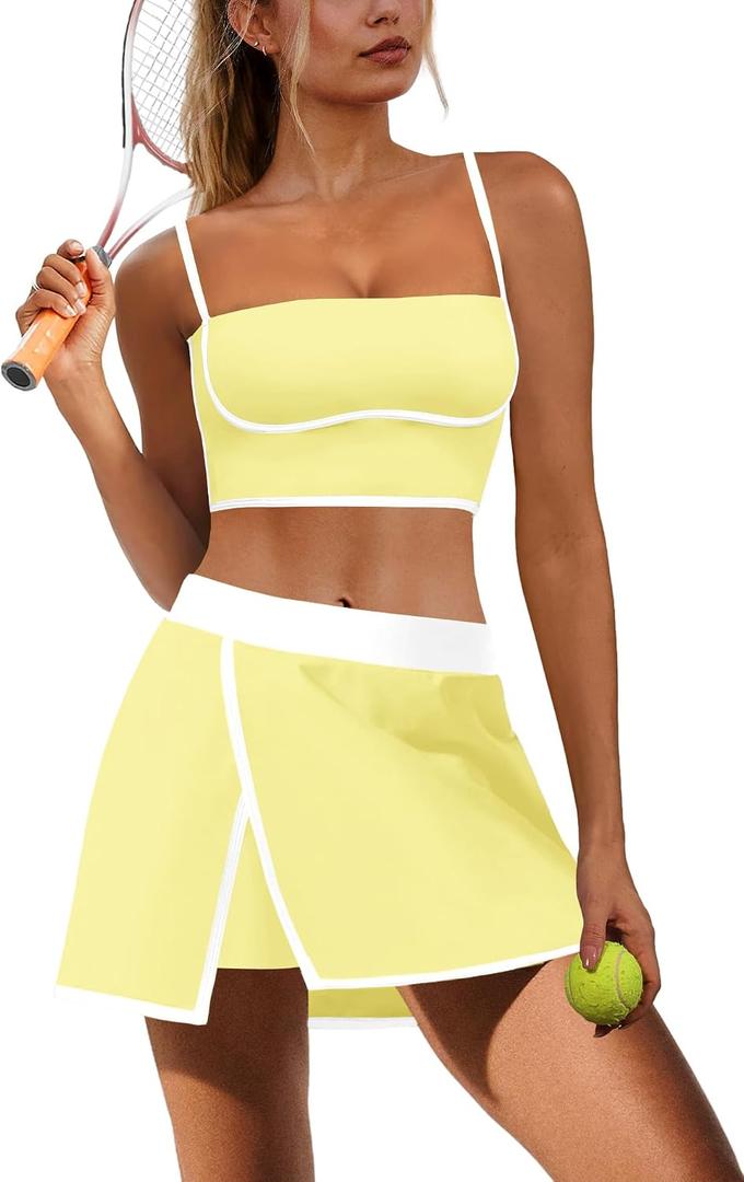 Nirovien Womens Workout Sets 2 Piece Tennis Skort Sets Golf Athletic Outfits Sports Bra and Skirt Gym Yoga Clothes (Yellow, L)