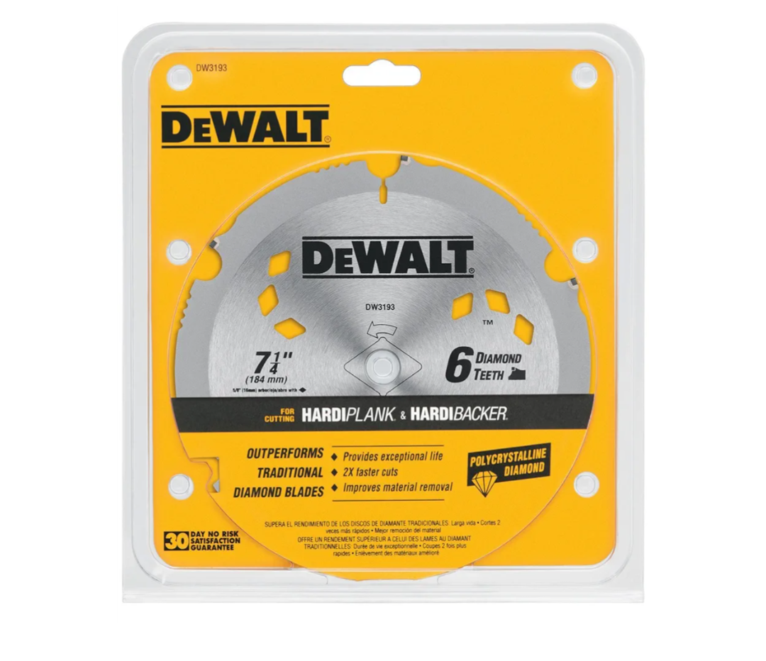 DEWALT DW3193 7-1/4-Inch 6 Tooth PCD Diamond Fiber Cement Saw Blade with 5/8-Inch and Diamond Knockout Arbor