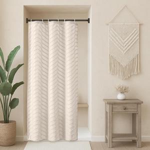 Small Stall Beige Boho Fabric Shower Curtain, 36x72 Half Size, Textured Tufted Chevron Striped Minimalist Cloth Bathroom Shower Curtain