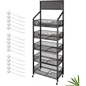 5 Tier Retail Display Rack, Metal Snack Rack with Wheels, 24inch Wide Chip Snack Display Stand with 15 Hooks for Kitchen Office Supermarket, Black (1)