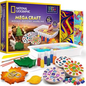 National Geographic Mega Arts and Crafts Kit for Kids Mosaic Kit, Marbling Paint Kit & Air Dry Clay Pottery Kit Art Projects for Kids Ages 8-12, Crafts for Girls and Boys