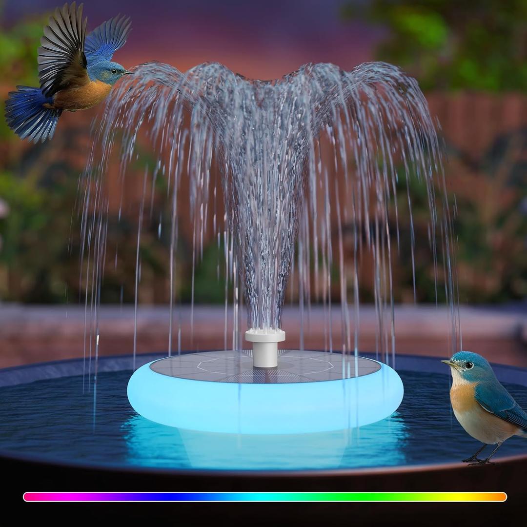 2 Pack Solar Fountain for Bird Bath with RGB LED Lights and 6 Nozzle, 3W Solar Powered Water Pump for Pond Pool Patio and Garden Aquarium Outdoor