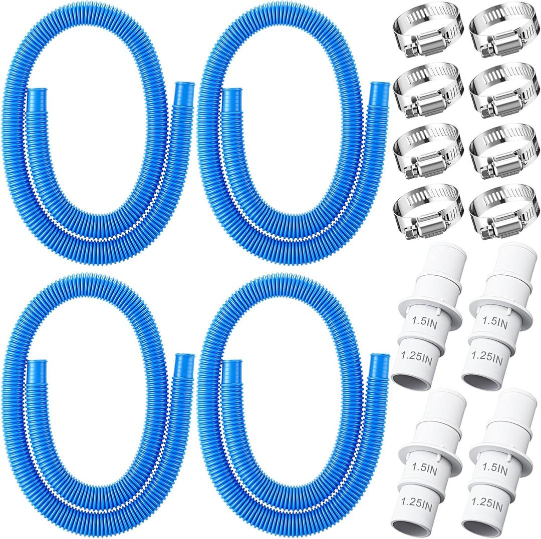 Nuanchu 4 Pack Pool Hoses for Above Ground Pools (1.5" & 1.25" x 59"), Universal Filter Pump Replacement Hose Kit with 4 Pcs 1-1/4" or 1-1/2" Pool Hose Adapter & Metal Clamps (Blue)