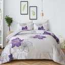 Menghomeus Floral Comforter Set  68" x 92" Purple Floral Pattern Printed on Grey, Soft Microfiber Bedding Set Lightweight Bed Set for All Season (1 Comforter, 2 Pillowcases)