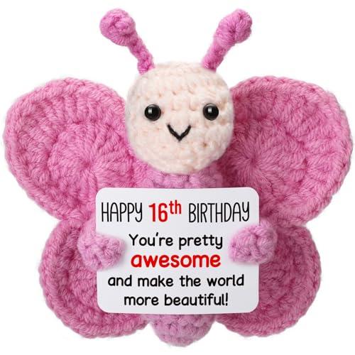 2 PCs Weming Sweet 16 Gifts for Girls, Mini Crochet Pink Butterfly Plush for 16th Birthday Teen, Happy 16 Year Old Girl Birthday Gift Ideas, Sixteen YO Decorations