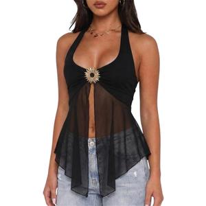 Usweetie Women Y2K Sexy Sheer Mesh Flowy Halter Top (Black, S)