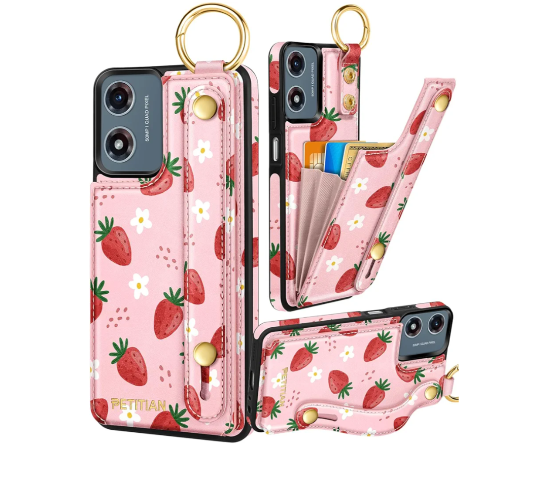 Petitian for Moto G Play 2024 Case with Wallet - Women Girls Cute Girly Aesthetic Unique Design Leather Credit Card Holder Cardholder Stand Wristband for Motorola G Play 2024, Strawberry