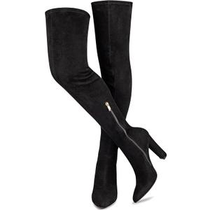 WSKEISP Women's Thigh High Boots Stretch Suede Over The Knee High Boot 4.13IN Chunky Heel Fall Winter Boots (9, Black)