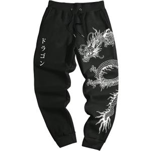 GORGLITTER Men's Y2k Graphic Sweatpants Drawstring Waist Athletic Workout Gym Jogger Track Pants Trousers Streetwear (Black Dragon,Small)
