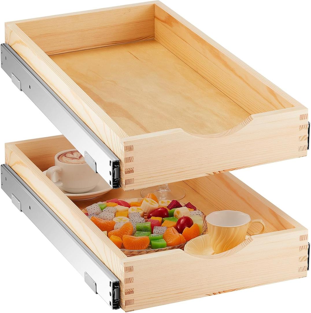2 Set Pull out Tray Cabinet Organizer Wooden Pull Drawers storage Slide out Pantry Shelf for Base Cabinet Kitchen Gentle Close Fully Assembled Accessories(Wood Color,12'' X 21'' X 3")