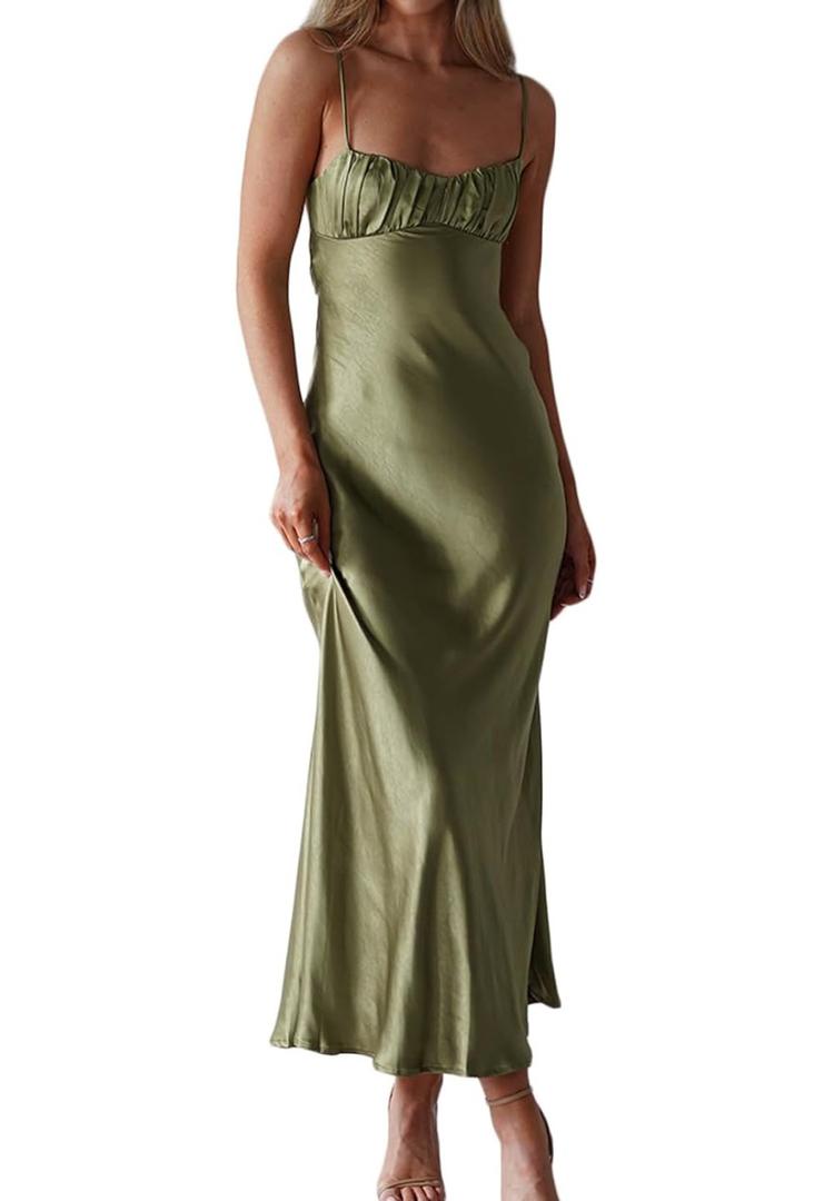 Satin Spaghetti Strap Backless Ruched Twist Cocktail Dresses for Women Silk Open Back Cut Out Midi Dress Wedding Guest, Size Medium