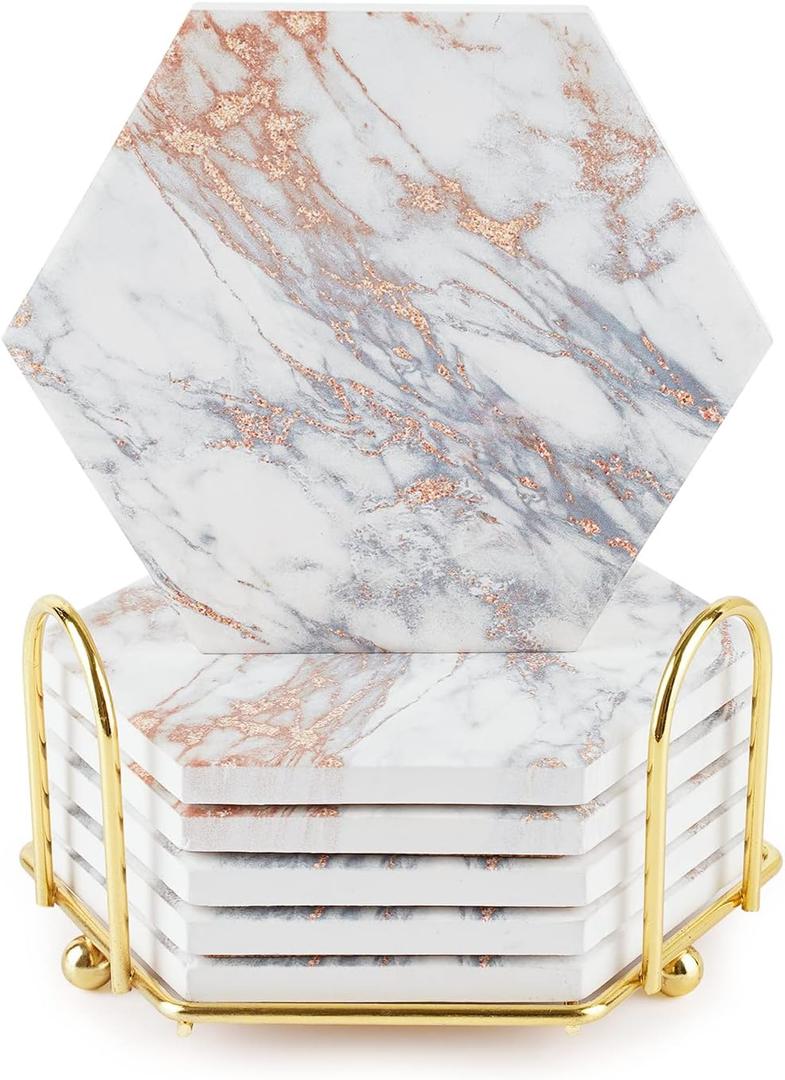 Marble Coasters for Drinks, Absorbent Coasters with Cork Base, 6pcs Drink Coasters for Wooden Table with Holder, Gold Ceramic Coasters Set for Drinks, Glasses, Cups, Bar,offee bar Decor Gold