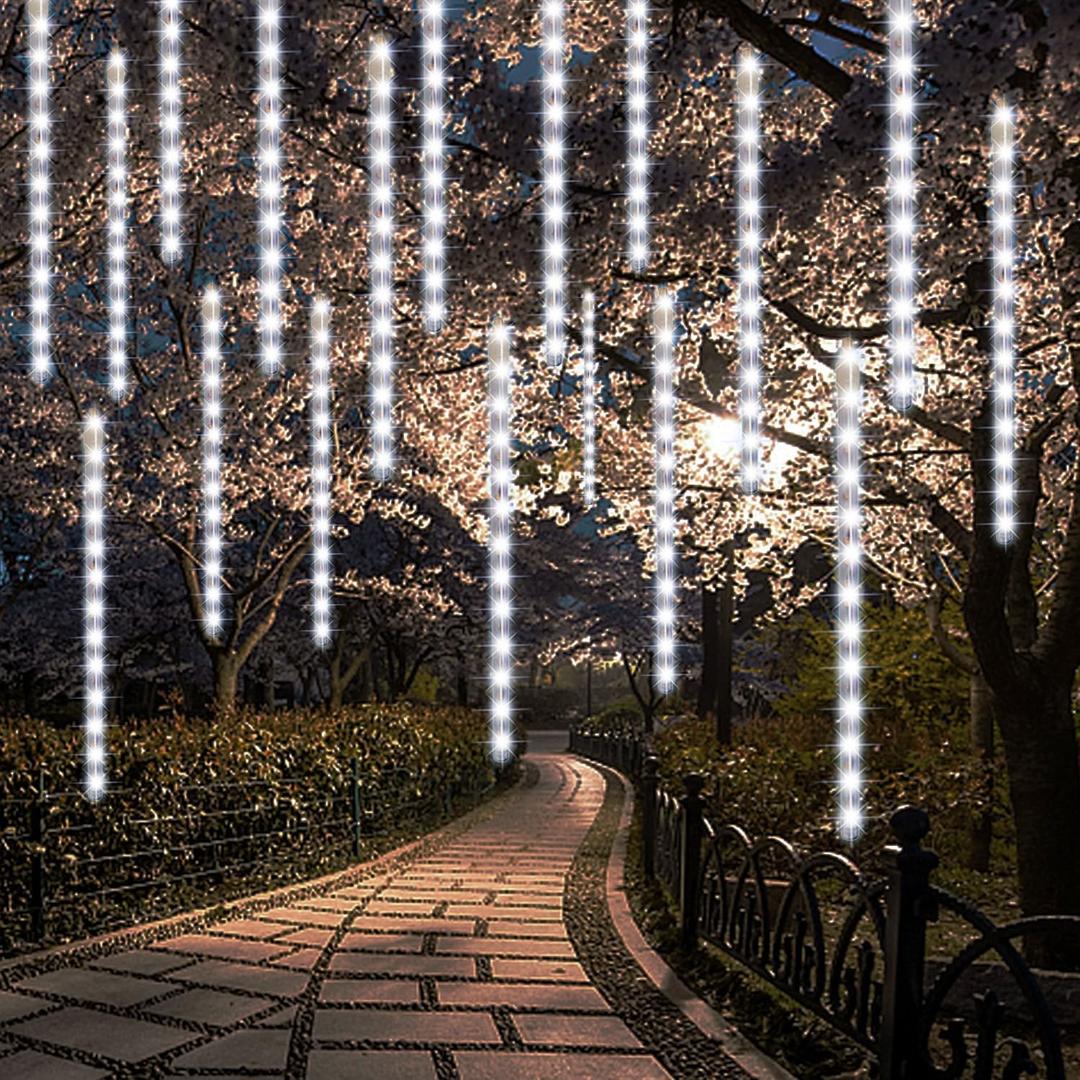 24 Tubes Meteor Shower Lights, Outdoor Icicles Christmas Decor, 12 Inch 864 LED Snow Falling Connectable Raindrop Lights, Xmas Wedding Party Tree Holiday Decoration, White