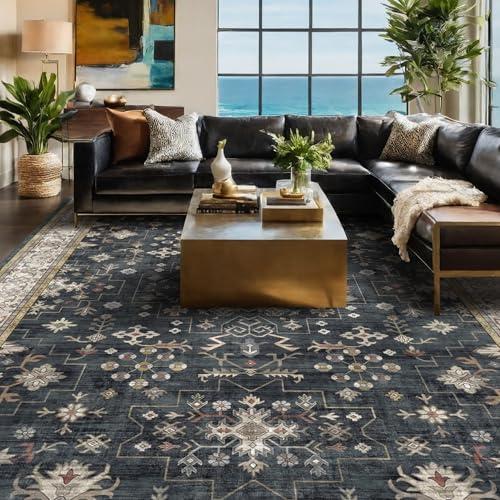 Black Farmhouse Washable 8x10 Area Rugs for Living Room, Bedroom, Dining Room Kitchen Table Rug for Under Table, Office, Dark Charcoal Tumble Stain Resistant Non-Slip Large Washable (8x10 Black/Multi)