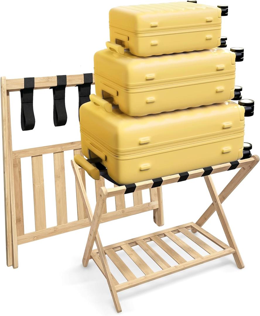 Fully Assembled Luggage Rack for Guest Room, Bedroom, Hotel - Natural Bamboo Suitcase Stand, Foldable with 2 Layers - Luggage Racks for Suitcases, up to 150 lbs