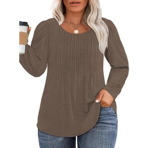 VISLILY Womens-Plus-Size-Dressy-Tops Trendy Puff Long Sleeve Casual Shirts (Brown, XXL)