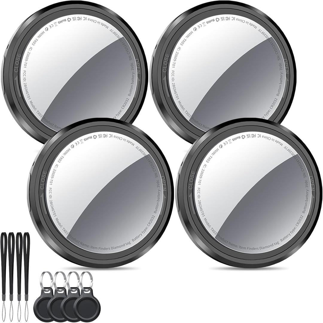 Air Tracker Tags-4 Pack Black | Bluetooth Tracker Work with Apple Find My (iOS Only), Smart Tag with Protective Case/Keychain/Lanyard, Item Finder for Luggage/Key/Suitcase, Replaceable Battery