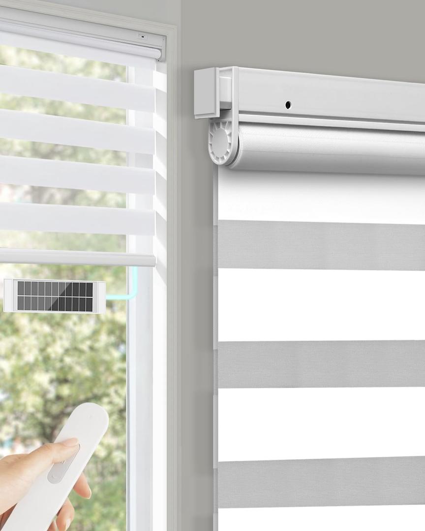 No Drill Motorized Zebra Blinds with Remote,Cordless Shades Dual Layer,Thermal Insulated Upgraded Shades(White,31" W x 72" H)