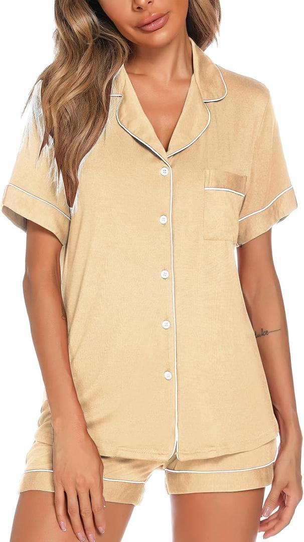 Aamikast Button Up Pajama Set for Women Shorts Short Sleeve Knit Sleepwear 2 Pice Pjs Sets (L)