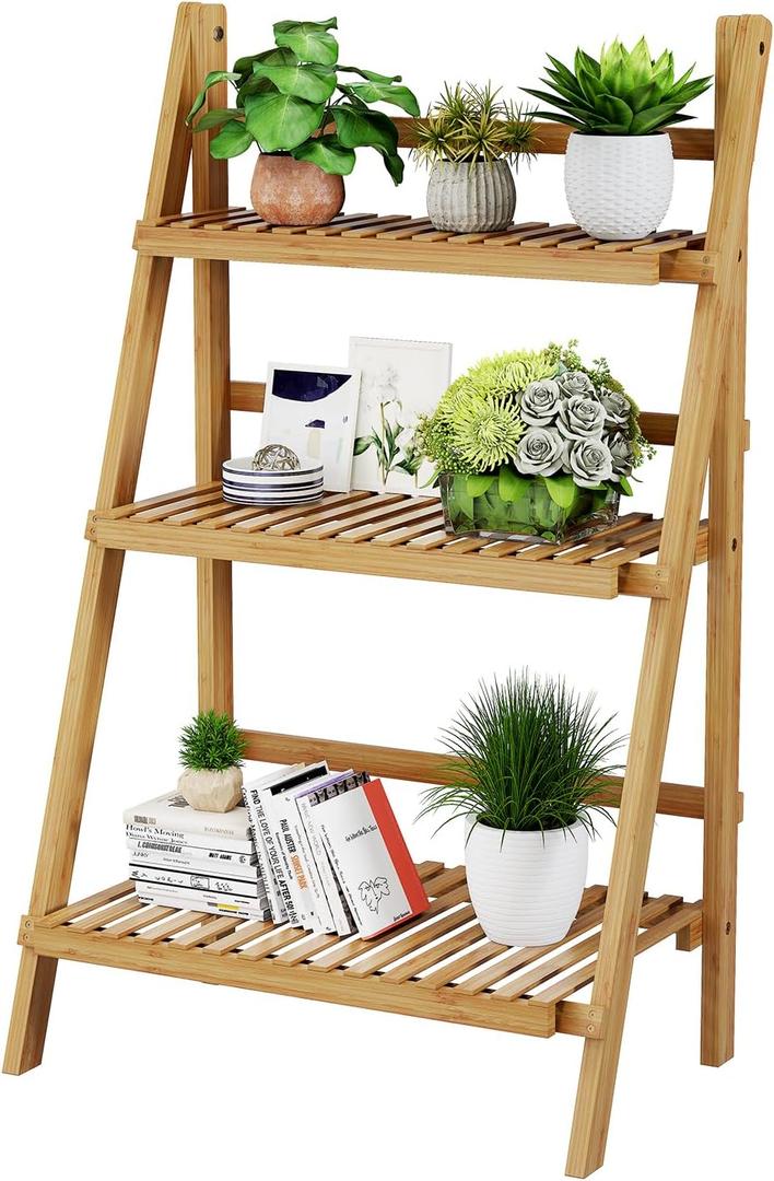 39.4" Foldable Plant Shelf Ladder Shelf, 3 Tier Bamboo Ladder Flower Pot Display Shelf, Freestanding Ladder Bookshelf for Garden, Balcony, Yard, Living Room, 23.6"W x 15"D x 39.4"H, Natural