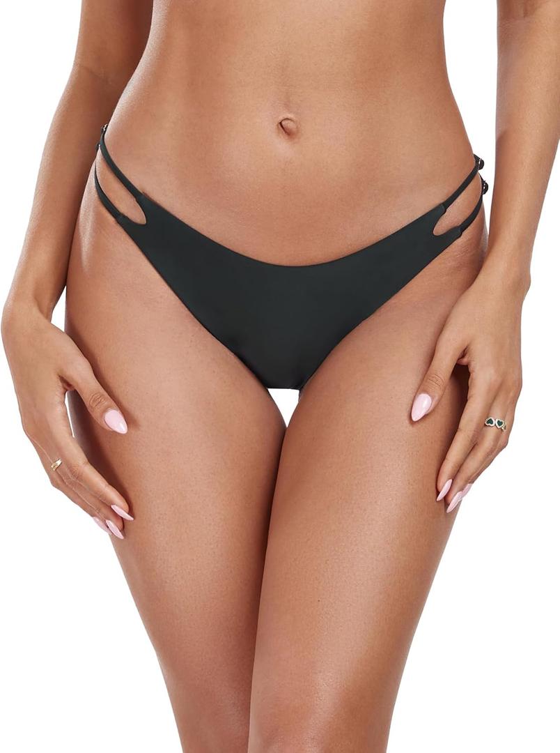 Women's Low Waisted Bikini Bottoms Double Straps Cut-Out Swimsuit Bottoms Cheeky Bathing Suit Bottoms (Medium, Black)