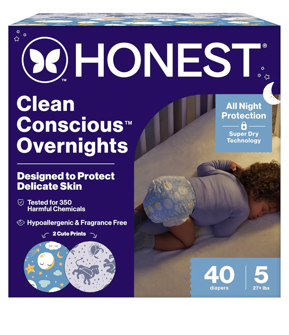 The Honest Company Comfort Dry Disposable Overnight Diapers for Sensitive Skin, Hypoallergenic, Baby Cozy Cloud and Star Signs Design Club Box Size 5 (27 lbs) 40 Count