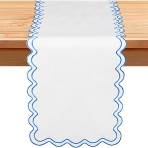72 Inches Scalloped Edge Table Runner, Double Linen Fabric Table Runner Outdoor, Rustic Dining Decor for House Kitchen Coffee(Pure White, Sky Blue)