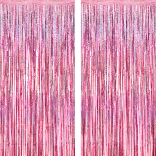 2 Pack Glitter Pink Backdrop, 3.28 FT x 7.05 FT Birthday Party Decorations, Laser Pink Fringe Curtains Foil Streamer Tinsel, Pink Curtains Photo Backdrop Happy Birthday Valentines Day Backdrop