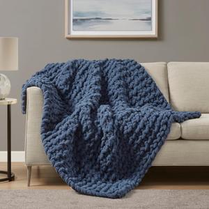 Madison Park Chenille Chunky Knit Handmade Throw Blanket, Luxuriously Soft Gift Blankets, Cottage Style Room Dcor, Lightweight & Breathable All Seasons Throw Blanket for Couch, 50"W x 60"L Navy Blue