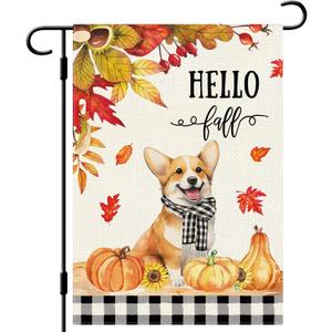 DLZDN Hello Fall Dog Garden Flag Autumn Corgi Pumpkins Maple Leaves Flag 1218 Inch Double Sided Buffalo Plaid Farmhouse Yard Flag Thanksgiving Holiday Outdoor Decor