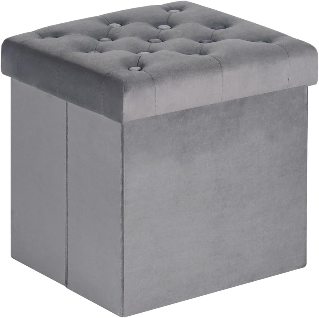 B FSOBEIIALEO Storage Ottoman Cube, Velvet Tufted Folding Ottomans with Lid, Footstool Rest Padded Seat for Bedroom (Grey, Medium)